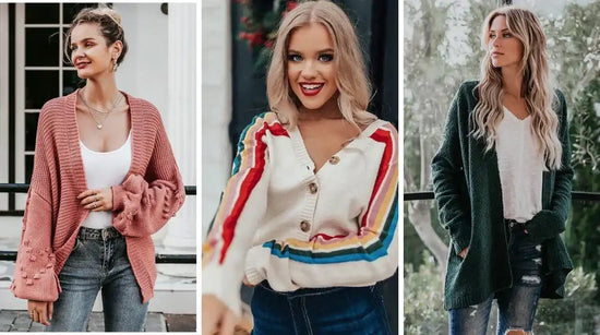 Collage of women wearing cardigans.